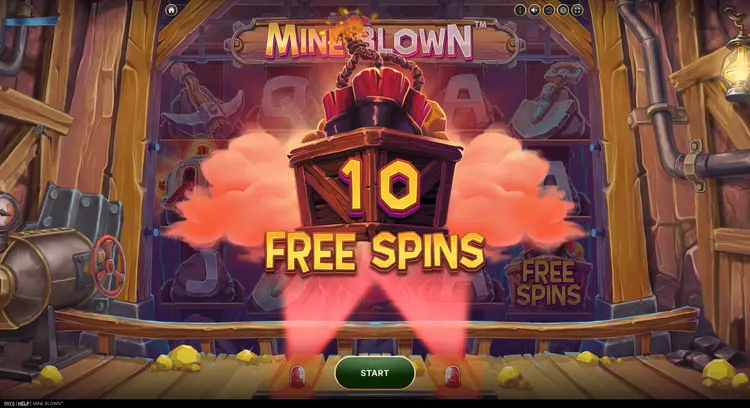 Mine Blown gameplay showing the main game interface with mining symbols on the reels